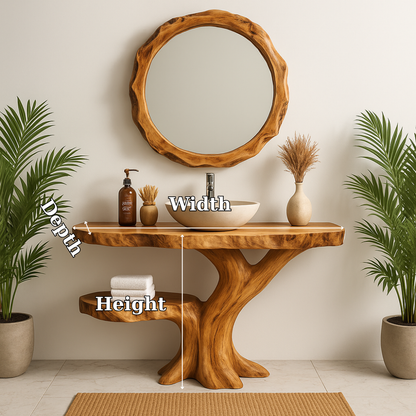 Handcrafted Solid Wood Bathroom Vanity – Organic Tree-Inspired Design with Round Mirror Kitchnce