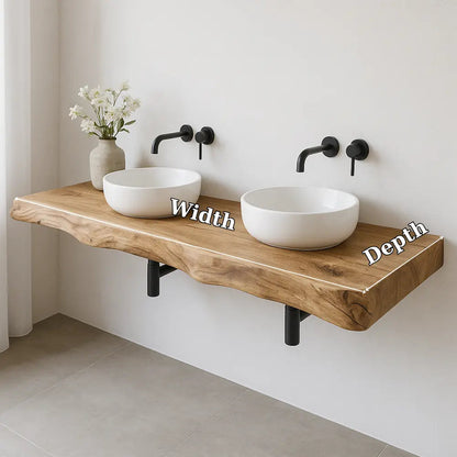 Double Sink Live Edge Vanity Shelf | Solid Wood Floating Bathroom Counter Kitchnce