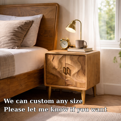 Solid Wood Nightstand with Cabinet Doors – Mid Century Modern Bedside Table
