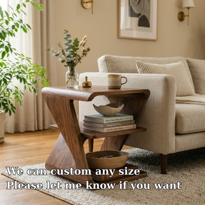 Modern Solid Wood End Table with Storage Shelves – Sculptural Side Table