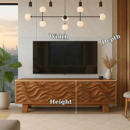 Solid Wood TV Stand Modern Walnut Media Console with Wave Front Storage Cabinet