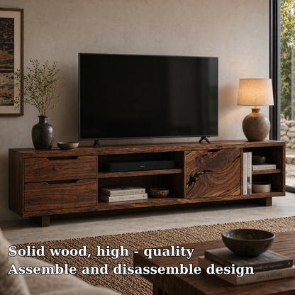 Solid Wood Media Console with Live Edge Door, Modern Rustic TV Stand with Storage