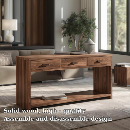 Solid Wood Console Table with Drawers and Shelf – Modern Entryway Storage Table