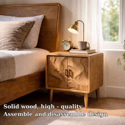 Solid Wood Nightstand with Cabinet Doors – Mid Century Modern Bedside Table
