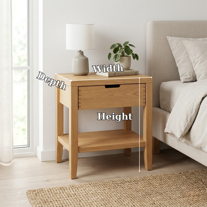 Solid Oak Nightstand with Drawer & Shelf – Modern Wooden Bedside Table