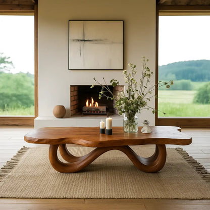Handcrafted Solid Wood Coffee Table with Organic Curved Base – Modern Natural Centerpiece Kitchnce