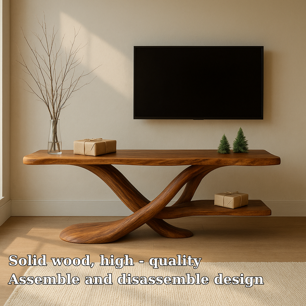 Handcrafted Solid Wood TV Stand – Modern Sculptural Design with Organic Flow and Natural Finish Kitchnce