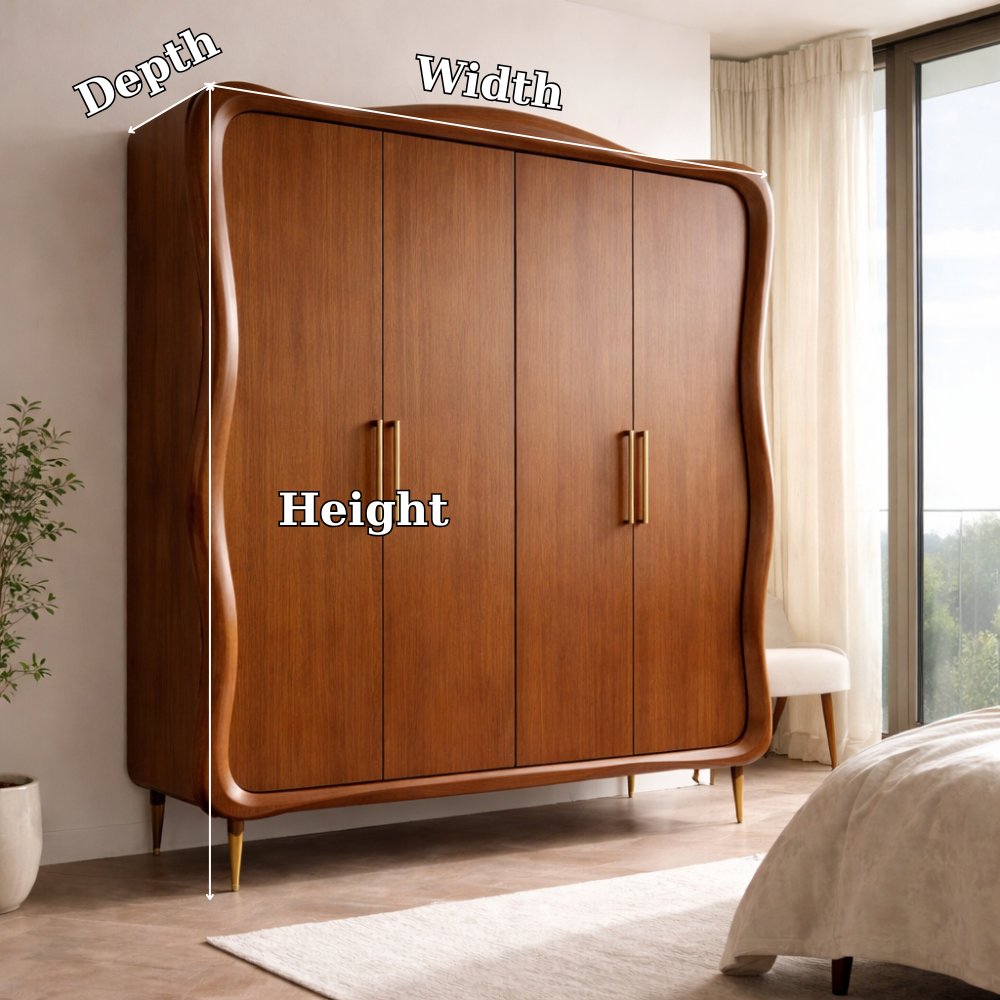 Mid-Century Modern Solid Wood Wardrobe with Curved Design – Spacious Storage