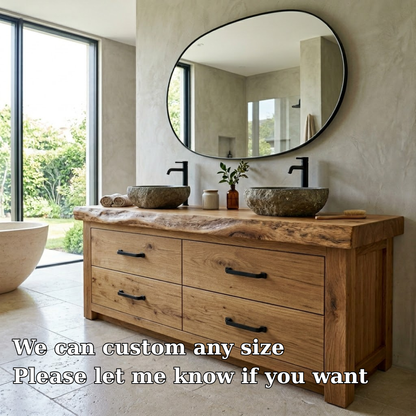 Rustic Solid Wood Bathroom Vanity Double Sink Base Live Edge Top Drawer Storage