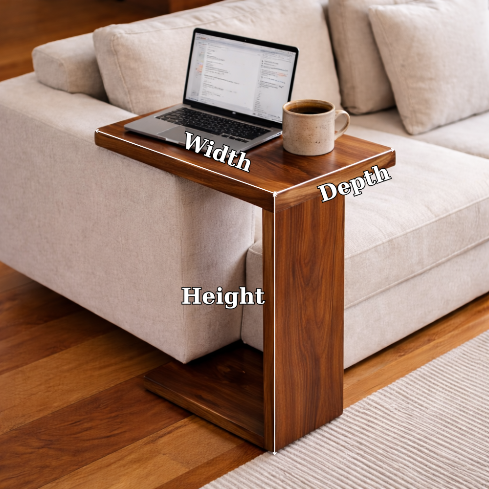 Solid Wood Sofa Armrest Table – C-Shaped Couch Arm Tray Laptop Side Table