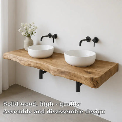 Double Sink Live Edge Vanity Shelf | Solid Wood Floating Bathroom Counter Kitchnce