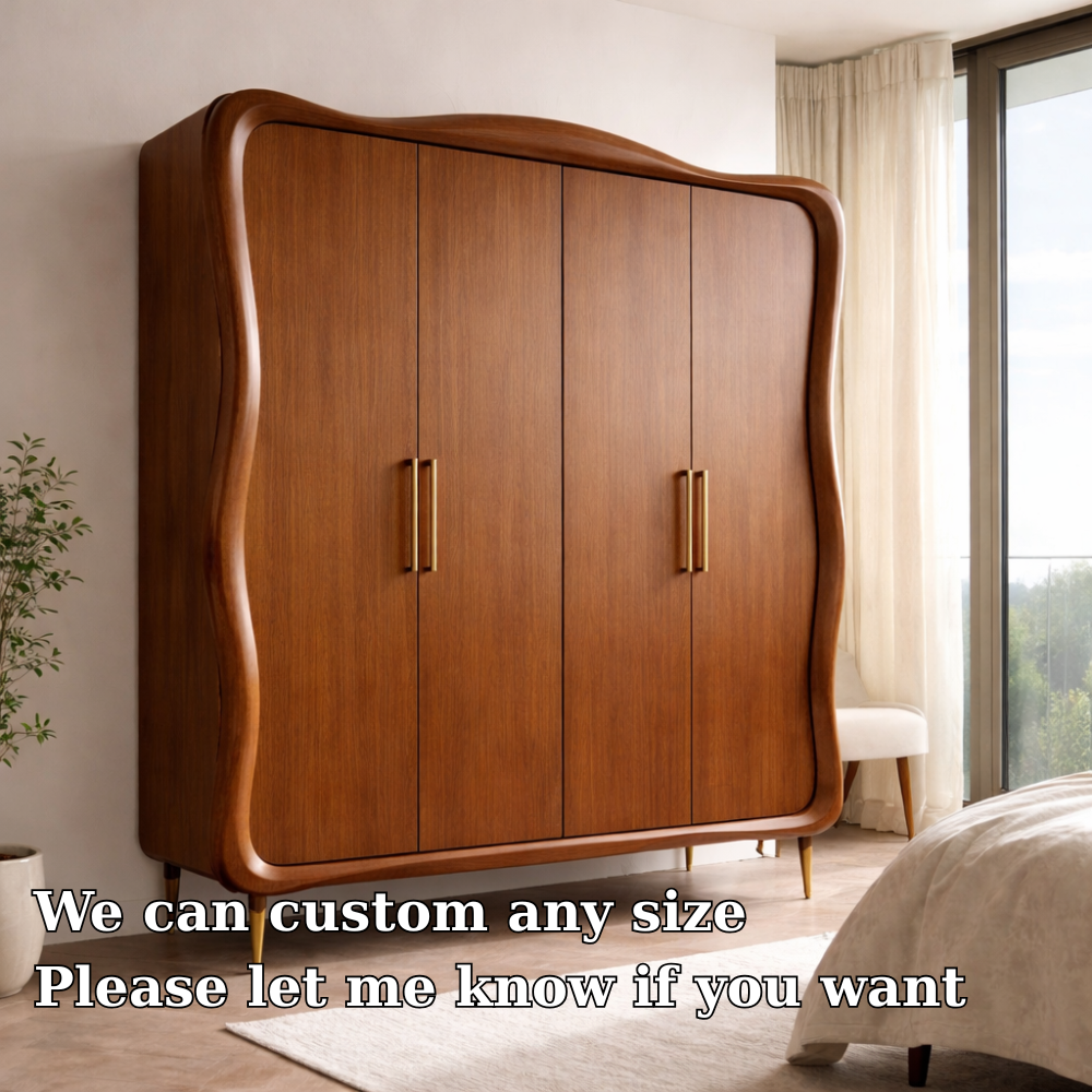 Mid-Century Modern Solid Wood Wardrobe with Curved Design – Spacious Storage