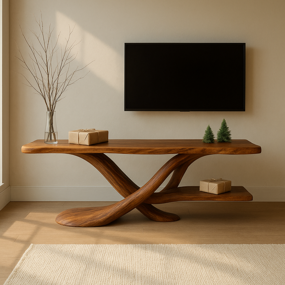 Handcrafted Solid Wood TV Stand – Modern Sculptural Design with Organic Flow and Natural Finish Kitchnce