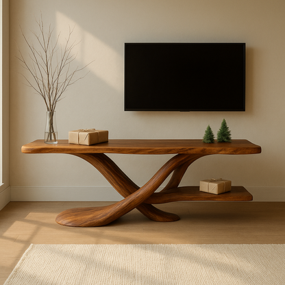 Handcrafted Solid Wood TV Stand – Modern Sculptural Design with Organic Flow and Natural Finish Kitchnce