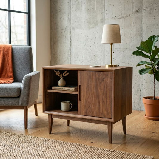 Solid Wood End Table with Sliding Door and Shelf – Mid Century Modern Side Table