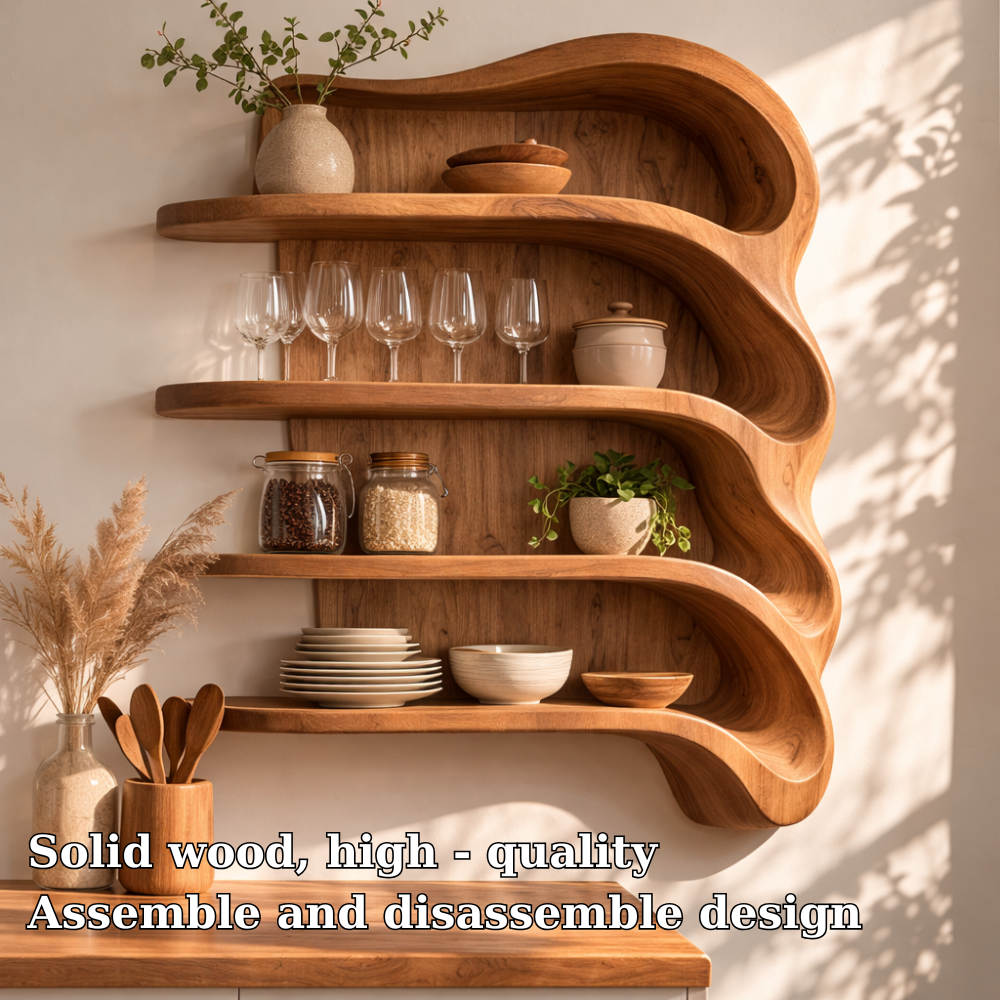 Solid Wood Curved Kitchen Cabinet Shelf – Organic Floating Wall Storage Rack