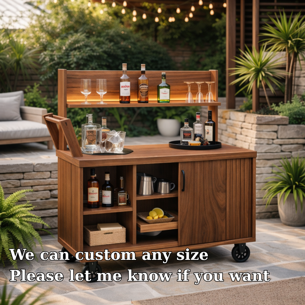 Solid Wood Outdoor Bar Cabinet Cart with Wheels & Storage Shelf – Patio Drink Station