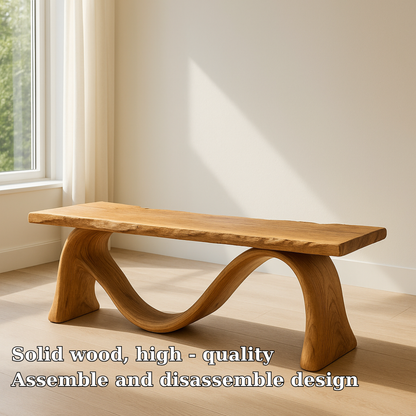 Handcrafted Solid Wood Bench – Sculptural Wave Design with Natural Live Edge Finish Kitchnce
