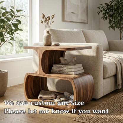 Solid Wood Sculptural End Table with Storage Shelves – Modern Curved Side Table