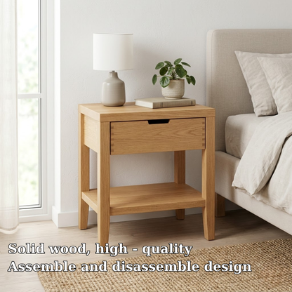Solid Oak Nightstand with Drawer & Shelf – Modern Wooden Bedside Table
