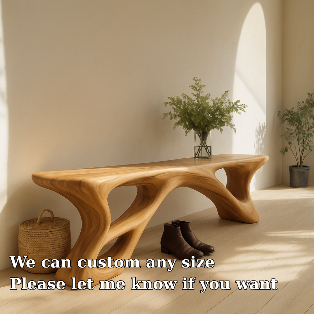 Handcrafted Solid Wood Bench – Sculptural Organic Flow Design with Modern Natural Aesthetic Kitchnce