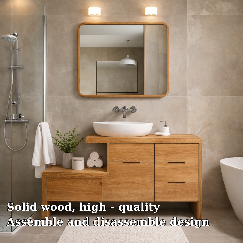 Modern Solid Wood Bathroom Vanity Cabinet with Drawers & Open Shelf Storage