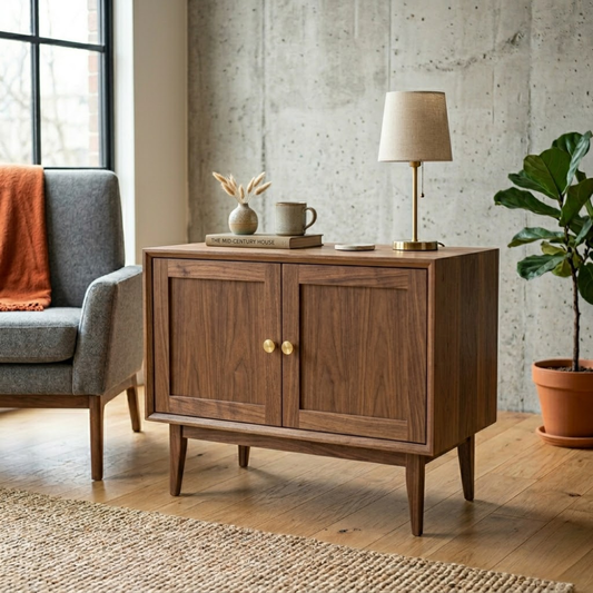 Solid Wood End Table with Double Doors – Mid Century Modern Bedside Side Table