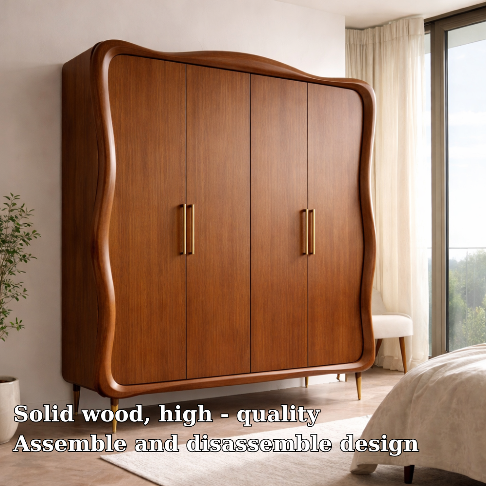 Mid-Century Modern Solid Wood Wardrobe with Curved Design – Spacious Storage