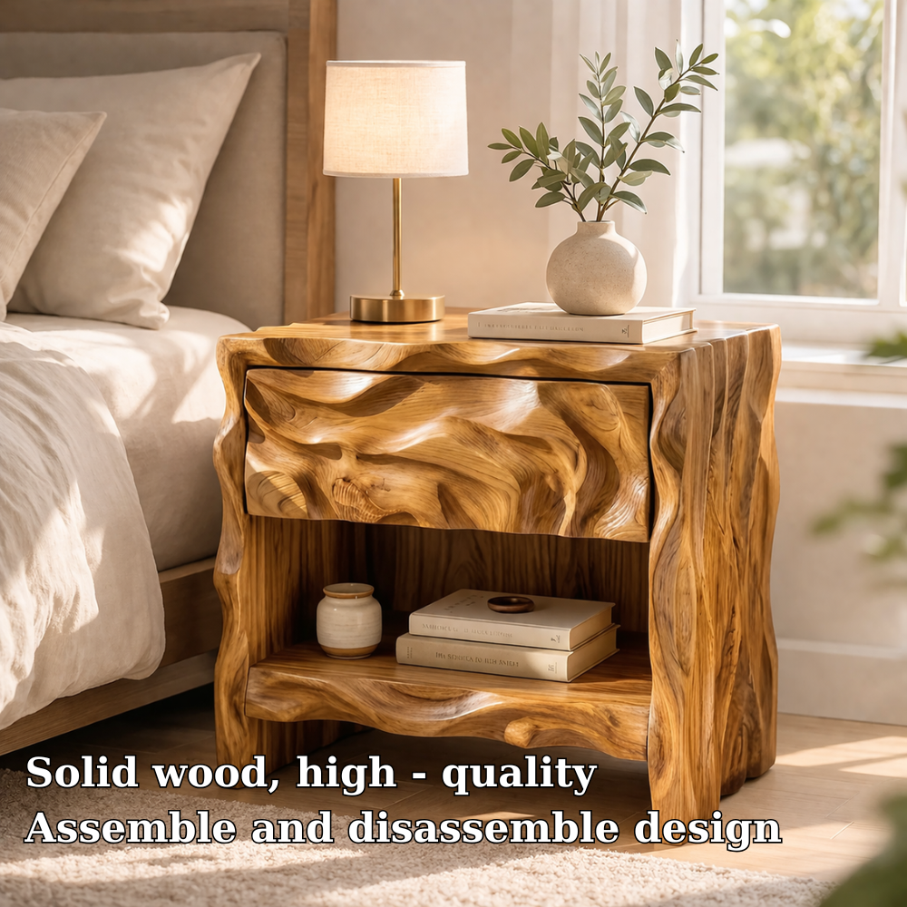 Solid Wood Nightstand with Sculptural Base – Modern Organic Bedside Table