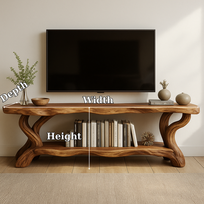 Handcrafted Solid Wood TV Stand – Organic Live Edge Design with Sculptural Shelf Base Kitchnce