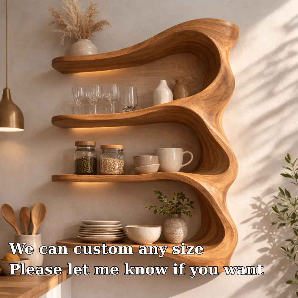 Solid Wood Wall Mounted Kitchen Cabinet Shelf – Curved Organic Wooden Storage Display Kitchnce