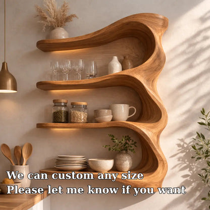 Solid Wood Wall Mounted Kitchen Cabinet Shelf – Curved Organic Wooden Storage Display Kitchnce