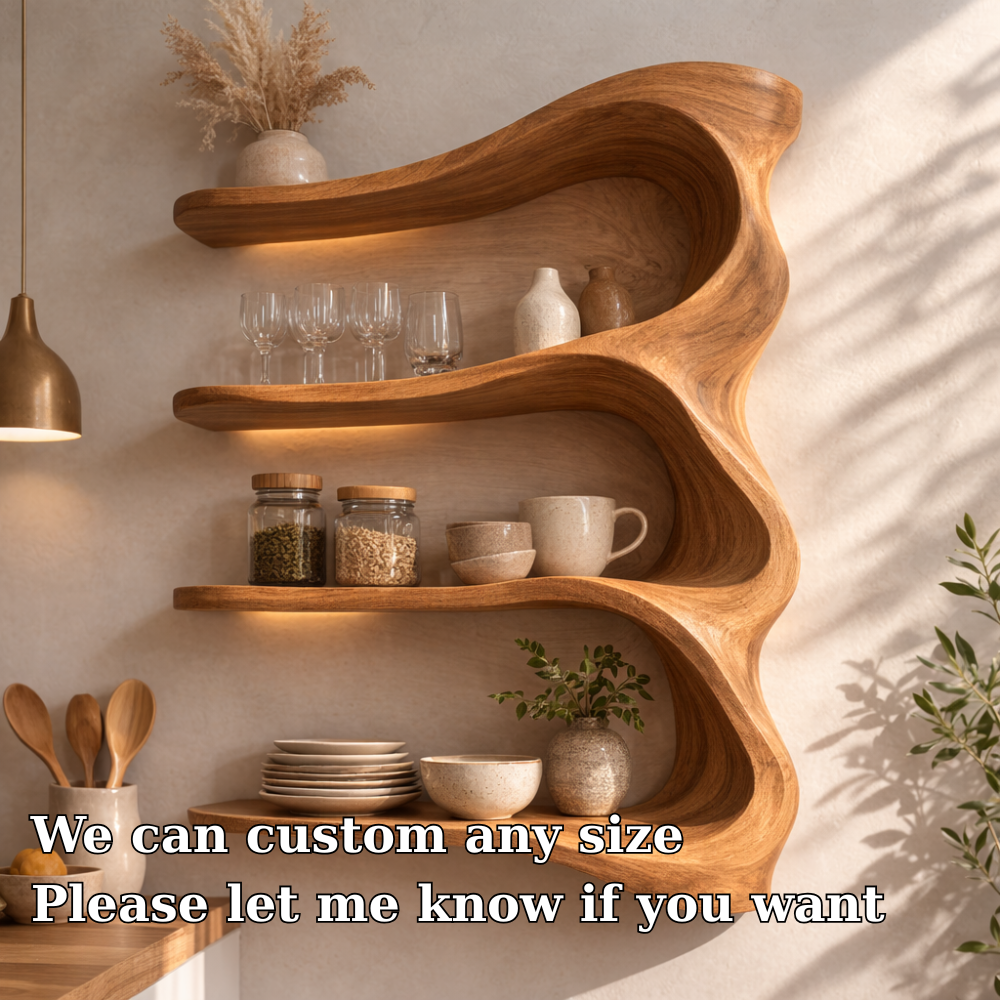 Solid Wood Wall Mounted Kitchen Cabinet Shelf – Curved Organic Wooden Storage Display