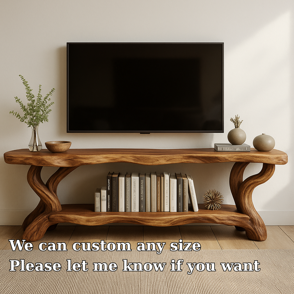 Handcrafted Solid Wood TV Stand – Organic Live Edge Design with Sculptural Shelf Base Kitchnce