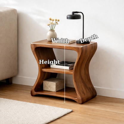 Solid Wood Curved End Table with Shelf – Natural Wooden Side Table for Living Room Kitchnce