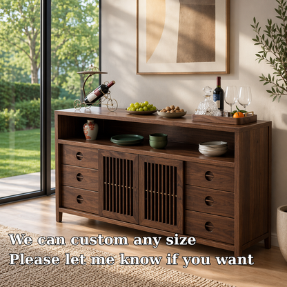 Solid Wood Console Sideboard with Slatted Doors – Modern Walnut Storage Cabinet