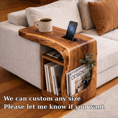 Solid Wood Sofa Armrest Table with Phone Holder – Couch Arm Tray with Storage Kitchnce