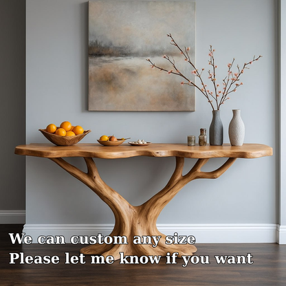Handcrafted Solid Wood Console Table with Tree Branch Base – Modern Organic Entryway Design Kitchnce