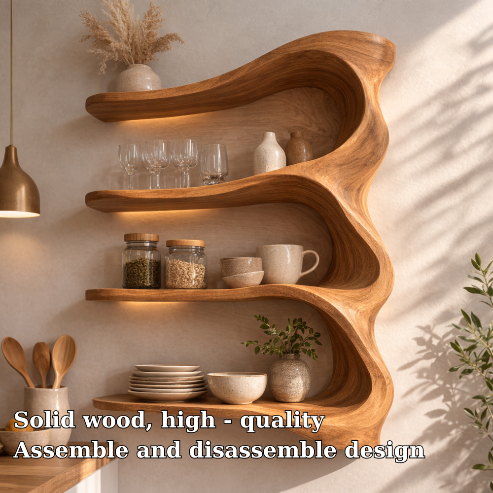 Solid Wood Wall Mounted Kitchen Cabinet Shelf – Curved Organic Wooden Storage Display