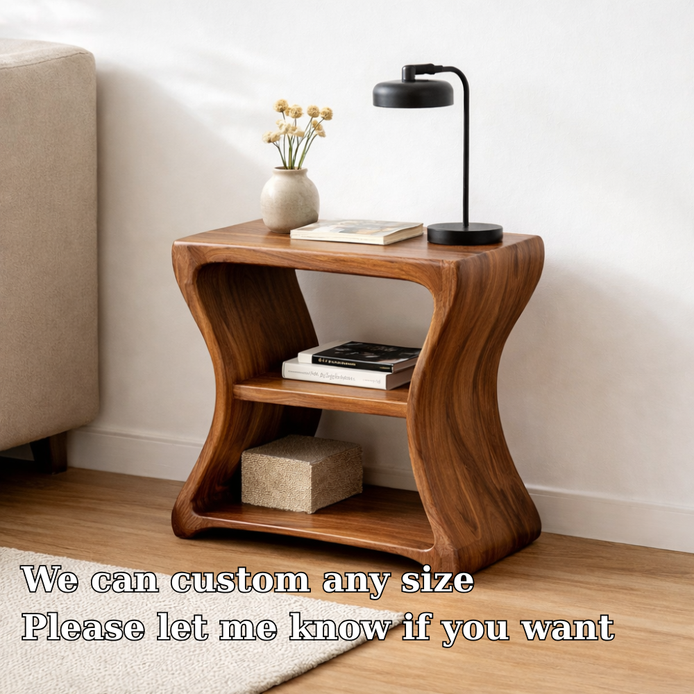 Solid Wood Curved End Table with Shelf – Natural Wooden Side Table for Living Room Kitchnce