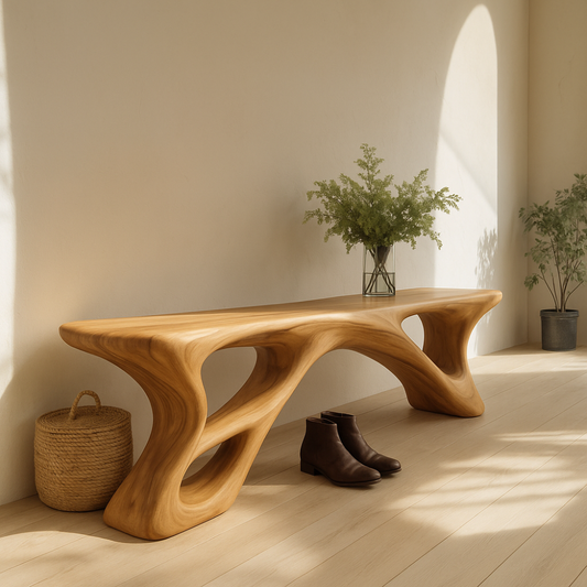 Handcrafted Solid Wood Bench – Sculptural Organic Flow Design with Modern Natural Aesthetic Kitchnce