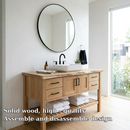 Solid Wood Bathroom Vanity Cabinet Single Sink Base with Drawers Open Shelf