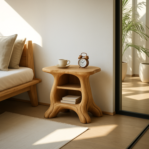 Handcrafted Solid Wood Nightstand – Organic Sculpted Bedside Table with Open Shelves Kitchnce