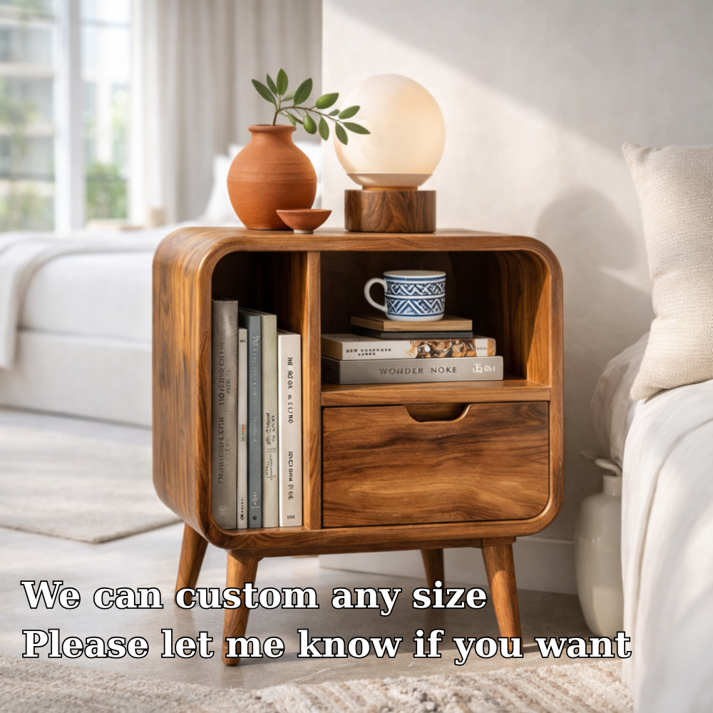 Mid Century Solid Wood Nightstand with Drawer & Shelf – Modern Bedside Table