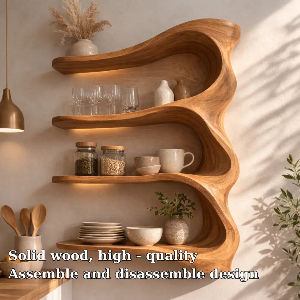 Solid Wood Wall Mounted Kitchen Cabinet Shelf – Curved Organic Wooden Storage Display Kitchnce