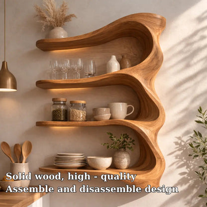 Solid Wood Wall Mounted Kitchen Cabinet Shelf – Curved Organic Wooden Storage Display Kitchnce