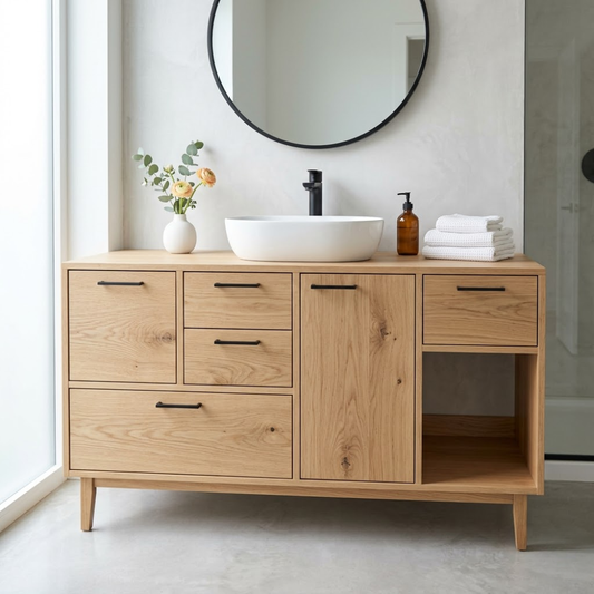 Solid Wood Bathroom Vanity with Drawers & Open Storage – Modern Design