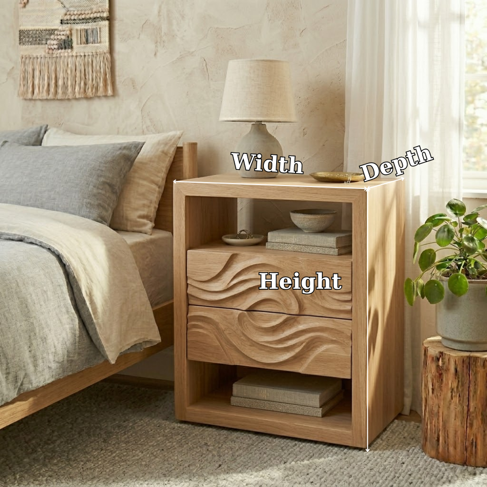 Solid Wood Nightstand with Carved Drawer – Modern Table with Storage
