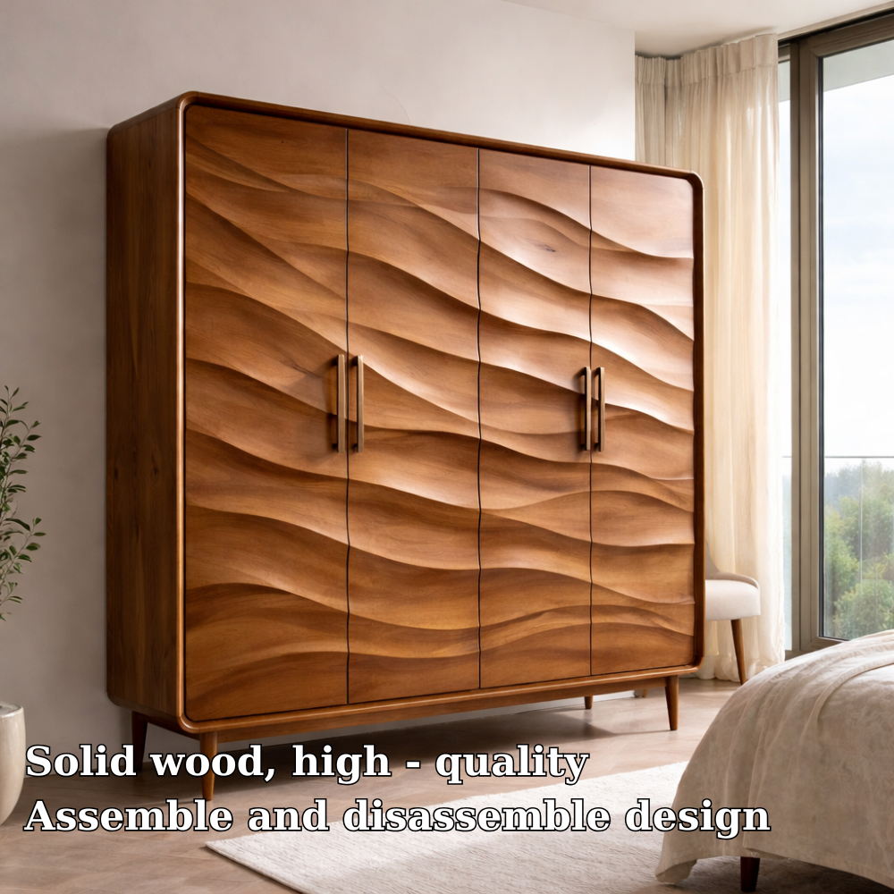 Wave-Design Solid Wood Wardrobe with Modern Storage – Elegant Bedroom Furniture