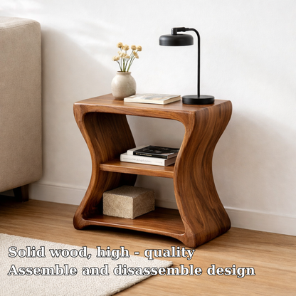 Solid Wood Curved End Table with Shelf – Natural Wooden Side Table for Living Room Kitchnce